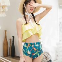 New split high waist boxer shorts swimsuit two-piece suit cute thin sexy small fresh hot spring bikini swimsuit