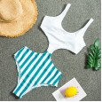 New monokini swimsuit integrated white and green and white striped stitching bikini