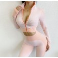 ! Zipper sports tights quick-drying training running yoga exposed belly button seamless long sleeves