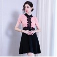 Spring new V-neck contrast color stitching lace dress short-sleeved temperament waist slimming A-line skirt women