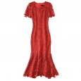 Hollow lace dress female spring new temperament round neck ladies waist slim fit bag hip fishtail skirt