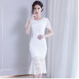 Spring new slim lace bag hip skirt short-sleeved round neck mid-length slim dress