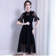 Net yarn cotton lace dress spring new trumpet sleeve small high-necked temperament fairy waist mid-length skirt