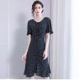 Slim V-neck bag hip sexy dress spring new lotus leaf sleeve pleated print fishtail chiffon skirt