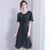 Slim V-neck bag hip sexy dress spring new lotus leaf sleeve pleated print fishtail chiffon skirt