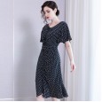 Slim V-neck bag hip sexy dress spring new lotus leaf sleeve pleated print fishtail chiffon skirt