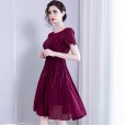 Spring new round neck waist skirt sequins pleated short-sleeved dress was thin and reduced age A-line skirt women