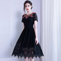 Spring temperament short-sleeved women's new embroidered applique beaded waist slim lace big swing dress