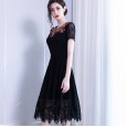 Spring temperament short-sleeved women's new embroidered applique beaded waist slim lace big swing dress