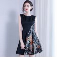 High-end embroidered dress spring new round neck elegant sleeveless A word high waist was thin middle skirt women