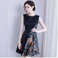 High-end embroidered dress spring new round neck elegant sleeveless A word high waist was thin middle skirt women