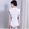 Spring New Chiffon Lotus Leaf Sleeve Lace Trim Shirt High Collar Elegant Solid Color Top Women