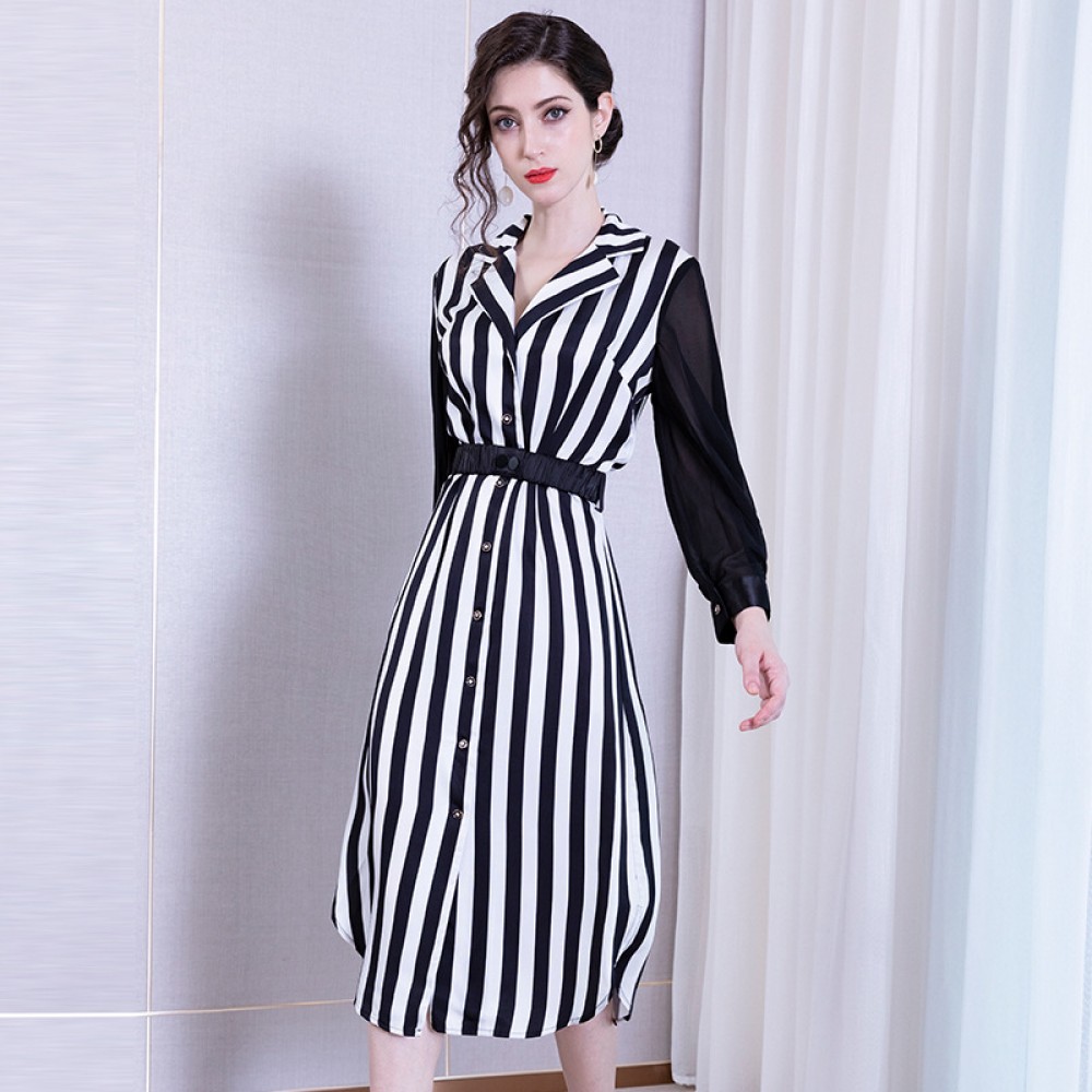 Spring new striped print dress femininity long-neck V-neck was thin waist long sleeve shirt skirt