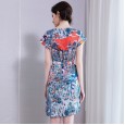 Spring new spring silk print dress loose lace round neck skirt women