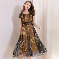 Summer new mesh printing dress women's waist temperament word collar big swing skirt