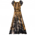 Summer new mesh printing dress women's waist temperament word collar big swing skirt