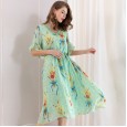 V-neck printed elasticated thin chiffon dress elegant irregular new summer