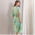 V-neck printed elasticated thin chiffon dress elegant irregular new summer