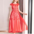 The new dress female Xia Xianqi elegant A-line swing temperament long skirt round neck short sleeve embroidery yarn skirt