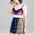 Spring new age-reduced wool knitted round neck top A-line check skirt two-piece suit