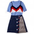 Spring new age-reduced wool knitted round neck top A-line check skirt two-piece suit