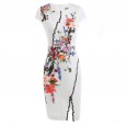 Spring and summer new round neck short-sleeved printed waist embroidery embroidery split hip dress A0124080
