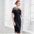 Spring new women's fashion lace stitching shoulder mesh waist slimming short-sleeved dress