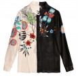 Printed contrast color flower shirt top women's fashion retro mulberry silk shirt