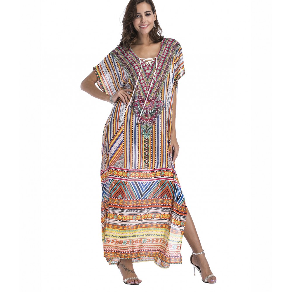 Spring chiffon beach outerwear positioning printing large size hot rhinestone women's dress