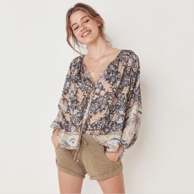 Summer new women's loose printed blouse boho long-sleeved V-neck shirt