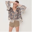 Summer new women's loose printed blouse boho long-sleeved V-neck shirt
