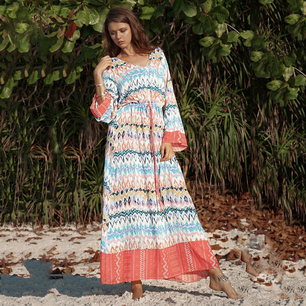 Hot Women's Dress Long Sleeve Big Wave Print Loose V-neck Long Skirt