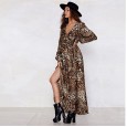 Leopard Print Long Sleeve Deep V-Neck Lace Long Swing Cardigan Dress Spring