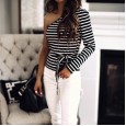 Autumn one-shoulder long-sleeved black and white striped fashion lace-up ladies T-shirt