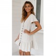 Single-breasted deep V-neck cotton and linen dress spring and summer