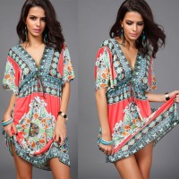 Large size women's v-neck milk silk bohemian print mid-length skirt beach dress hot