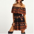 Spring women's new women's hot sale one-line collar skirt print dress dress