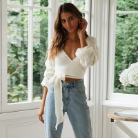 Knitwear new autumn and winter women's long-sleeved lace deep V-neck top