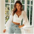 Spring and summer sexy V-neck lantern sleeves short navel slim wild shirt