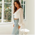 Spring and summer sexy V-neck lantern sleeves short navel slim wild shirt