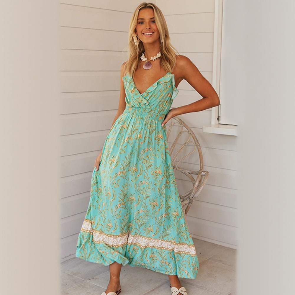 Spring and summer new bohemian print ruffled big swing type V-neck strap dress