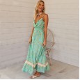 Spring and summer new bohemian print ruffled big swing type V-neck strap dress