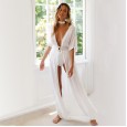Spring and summer new sexy temperament holiday style deep V-neck solid color loose lace dress beach long skirt