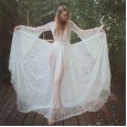 Spring and summer new transparent lace trumpet long-sleeved V-neck big swing sexy dress