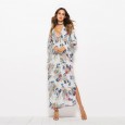 Spring and summer hot new products with trumpet sleeves V-neck printing split long dress new women's clothing