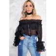 Plus size women's new fashion sexy perspective chiffon collar shirt