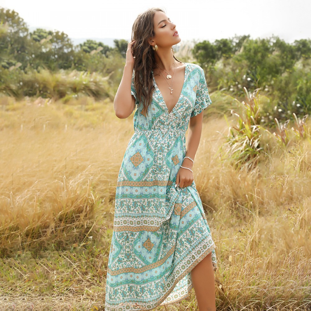 New Hot Sale Summer Bohemian Fashion Print Long V-Neck Dress Women