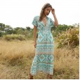 New Hot Sale Summer Bohemian Fashion Print Long V-Neck Dress Women