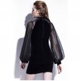 Autumn and winter new women's button stand collar sexy long-sleeved black fleece fashion top