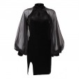 Autumn and winter new women's button stand collar sexy long-sleeved black fleece fashion top
